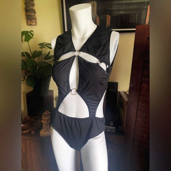 Sexy cut out mod goth industrial bodyCon black bathing body suit camp pinup - Picture 5 of 10